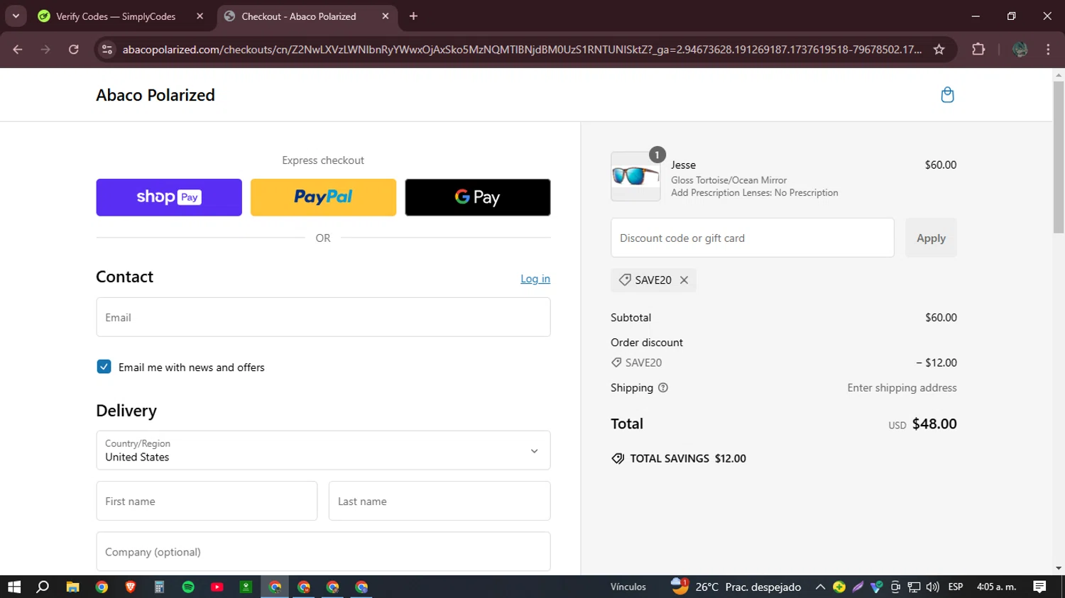 Abaco Polarized coupon code screenshot showing code SAVE20 applied at Abaco Polarized checkout page. Uploaded by SimplyCodes community member Mr_Allighieri on Jan 23, 2025
