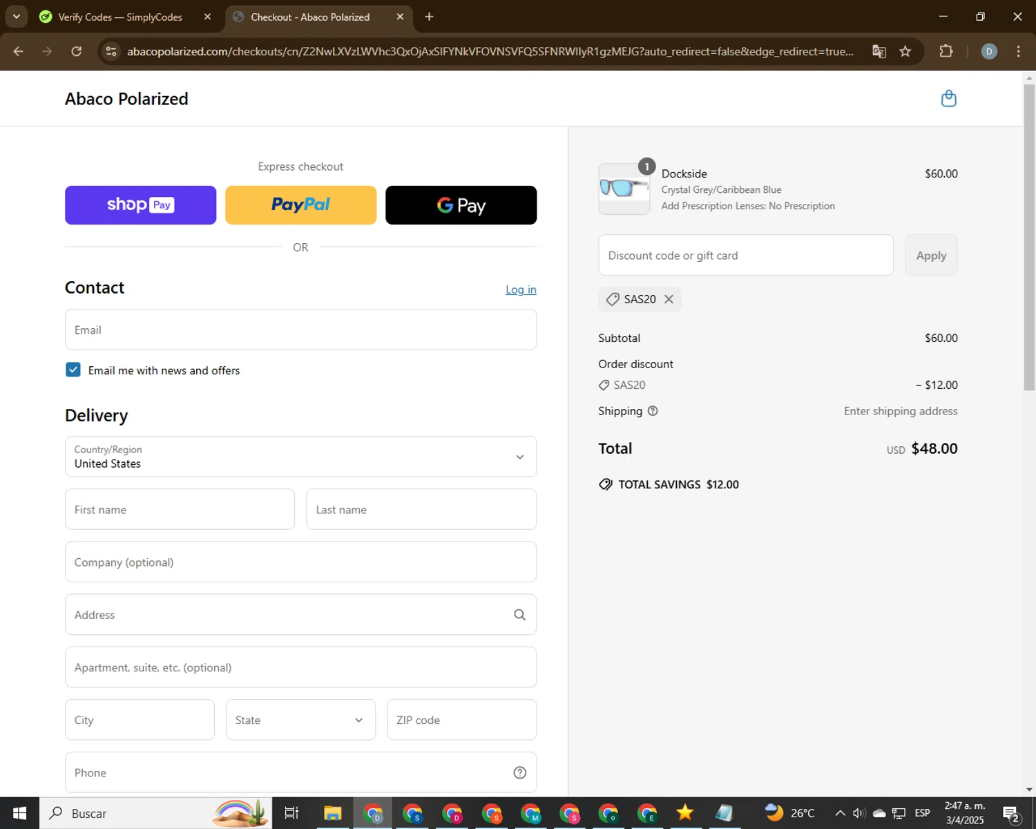 Abaco Polarized coupon code screenshot showing code sas20 applied at Abaco Polarized checkout page. Uploaded by SimplyCodes community member CodeVoyager5621 on Apr 3, 2025