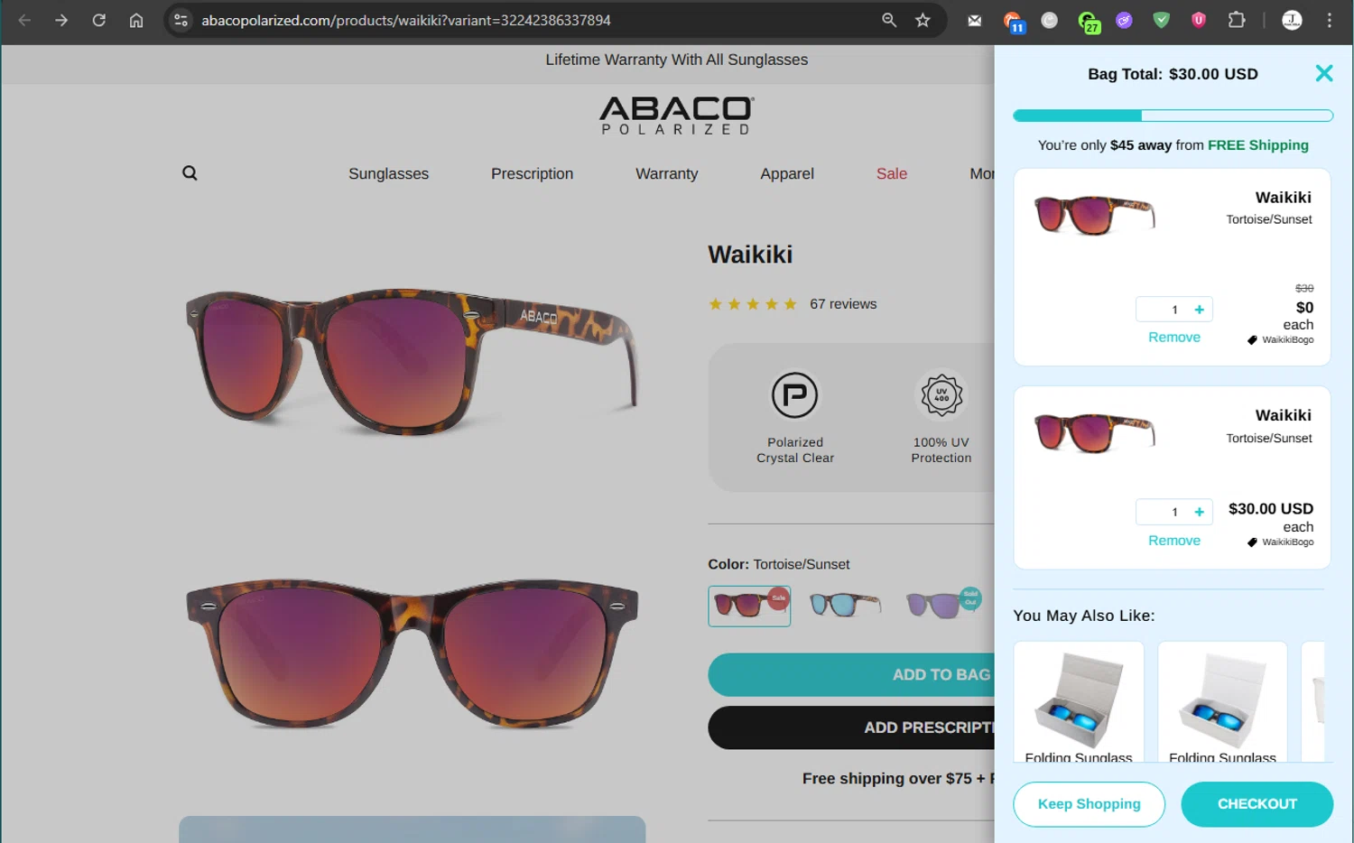 Abaco Polarized coupon code screenshot showing code WAIKIKIBOGO applied at Abaco Polarized checkout page. Uploaded by SimplyCodes community member jfromvzla on Aug 3, 2025