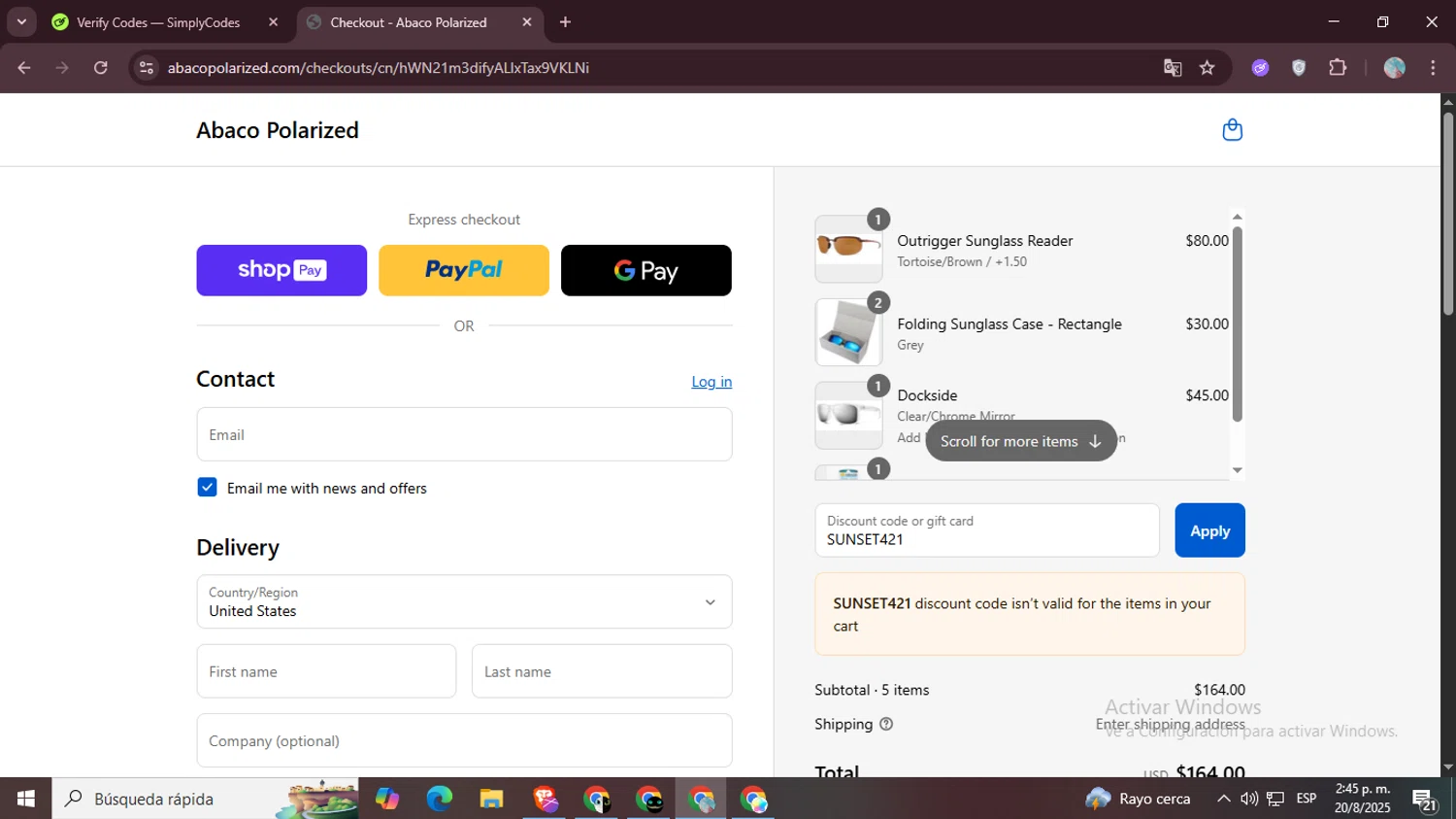 Abaco Polarized coupon code screenshot showing code SUNSET421 applied at Abaco Polarized checkout page. Uploaded by SimplyCodes community member LegendaryPro7106 on Aug 20, 2025