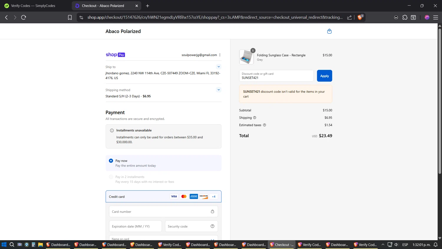 Abaco Polarized coupon code screenshot showing code SUNSET421 applied at Abaco Polarized checkout page. Uploaded by SimplyCodes community member TreasureExpert3303 on Aug 20, 2025