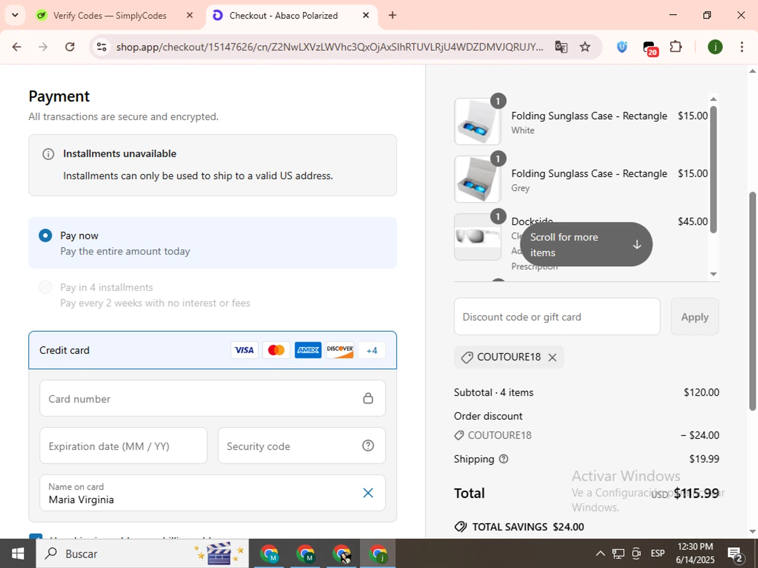 Abaco Polarized coupon code screenshot showing code COUTOURE18 applied at Abaco Polarized checkout page. Uploaded by SimplyCodes community member SavingsCollector2592 on Jun 14, 2025