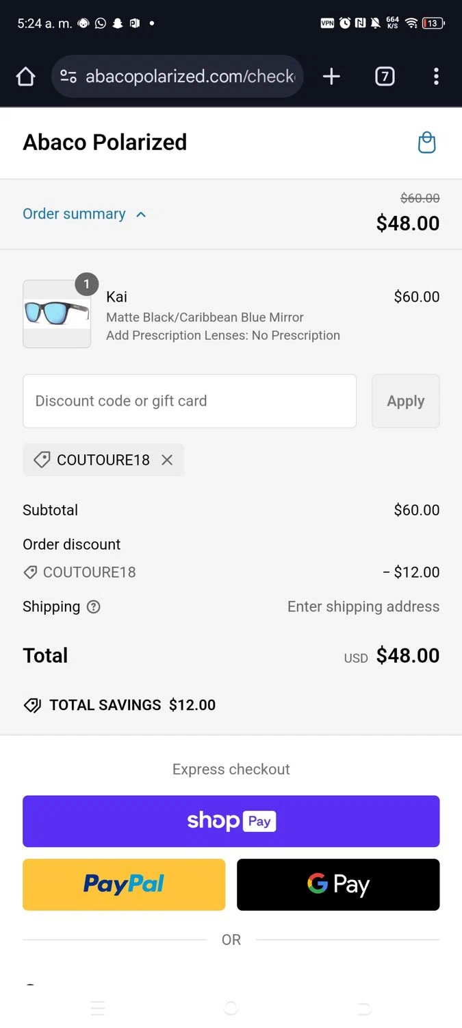 Abaco Polarized coupon code screenshot showing code COUTOURE18 applied at Abaco Polarized checkout page. Uploaded by SimplyCodes community member kikimbappe on Feb 22, 2025