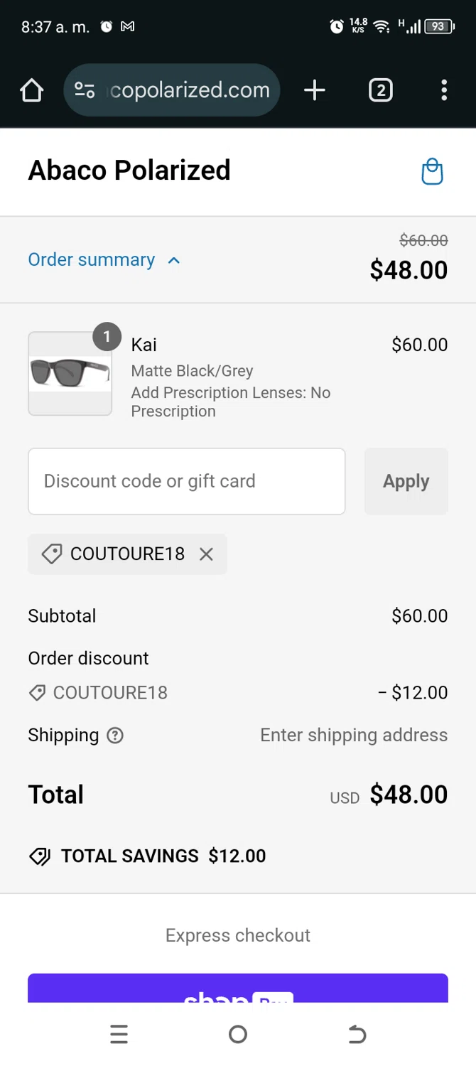 Abaco Polarized coupon code screenshot showing code COUTOURE18 applied at Abaco Polarized checkout page. Uploaded by SimplyCodes community member TokenAce5969 on Jan 6, 2025