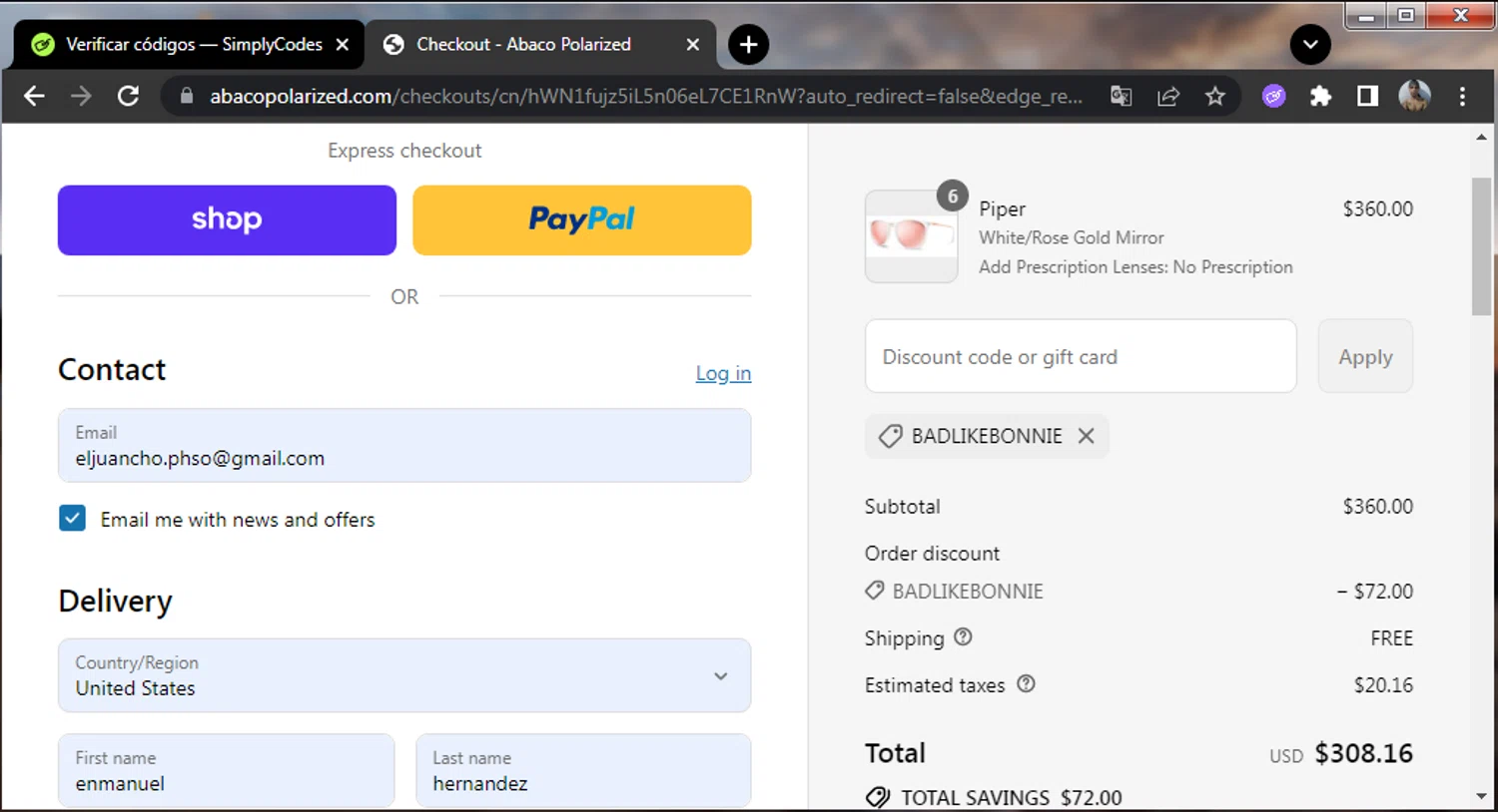 Abaco Polarized coupon code screenshot showing code BADLIKEBONNIE applied at Abaco Polarized checkout page. Uploaded by SimplyCodes community member enmanuelhernandezRodriguez on Aug 11, 2025