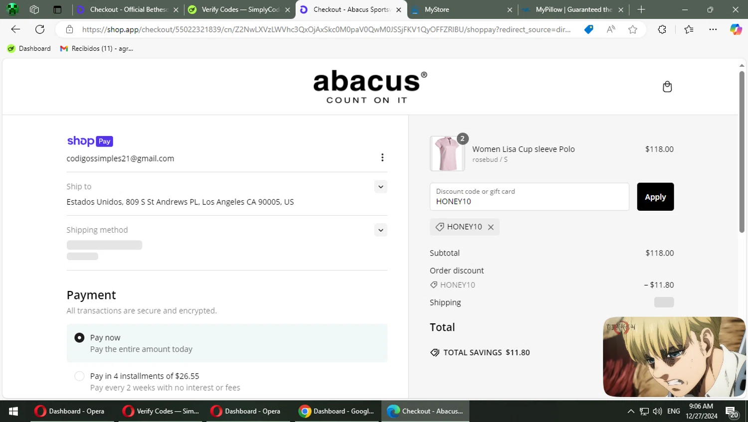 Abacus Sportswear US promo code screenshot showing code HONEY10 applied at Abacus Sportswear US checkout page. Uploaded by SimplyCodes community member TrevorPhilips on Dec 27, 2024