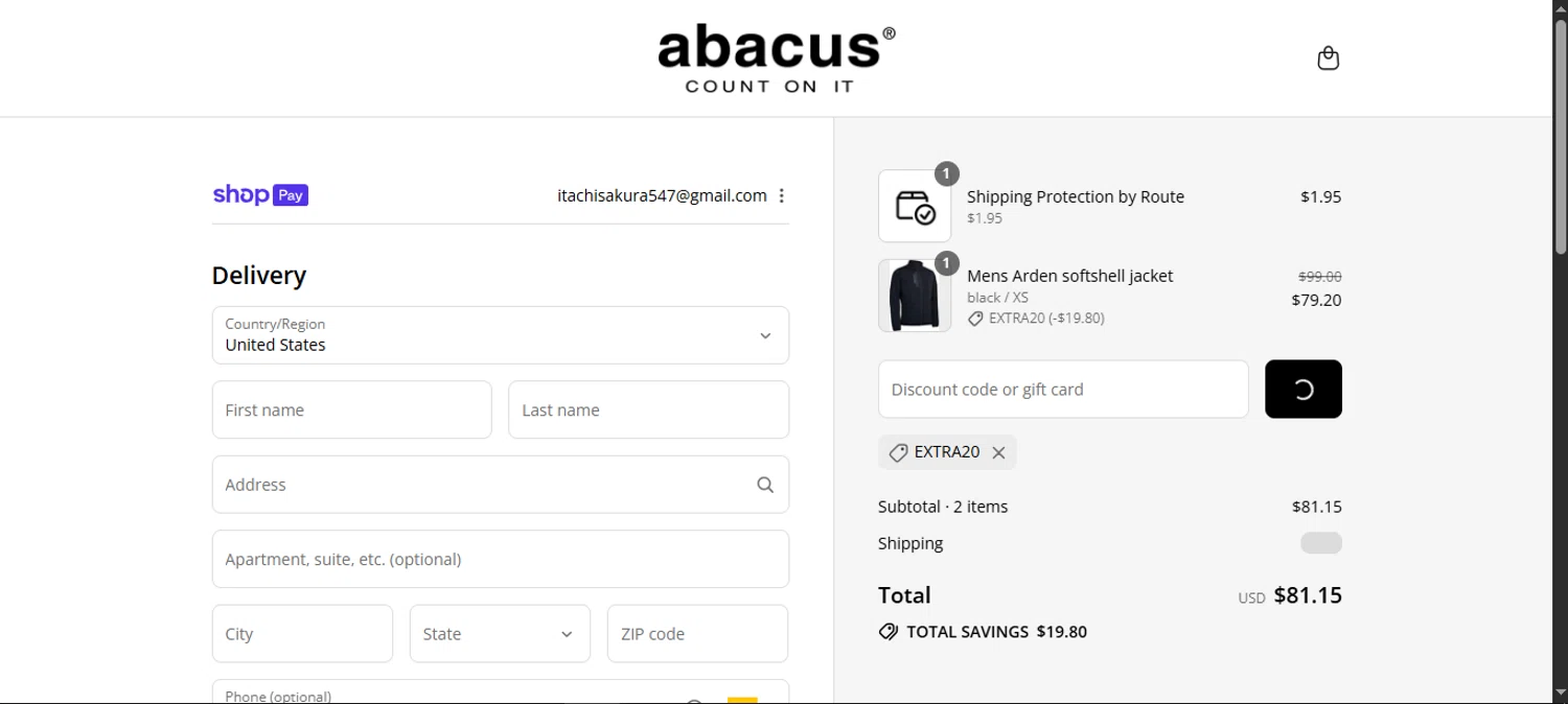 Abacus Sportswear US promo code screenshot showing code extra20 applied at Abacus Sportswear US checkout page. Uploaded by SimplyCodes community member noworries on Aug 15, 2025