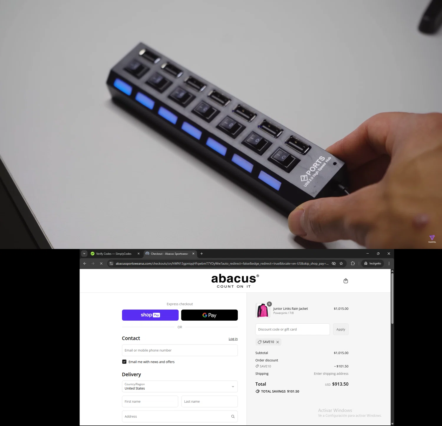 Abacus Sportswear US promo code screenshot showing code SAVE10 applied at Abacus Sportswear US checkout page. Uploaded by SimplyCodes community member AVATIGRITO on Jul 26, 2025