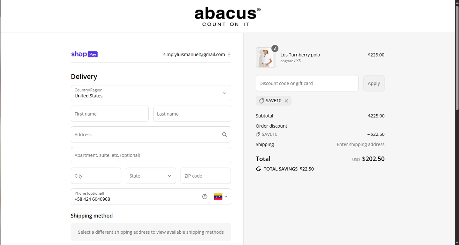 Abacus Sportswear US promo code screenshot showing code SAVE10 applied at Abacus Sportswear US checkout page. Uploaded by SimplyCodes community member CouponHero3179 on Aug 3, 2025