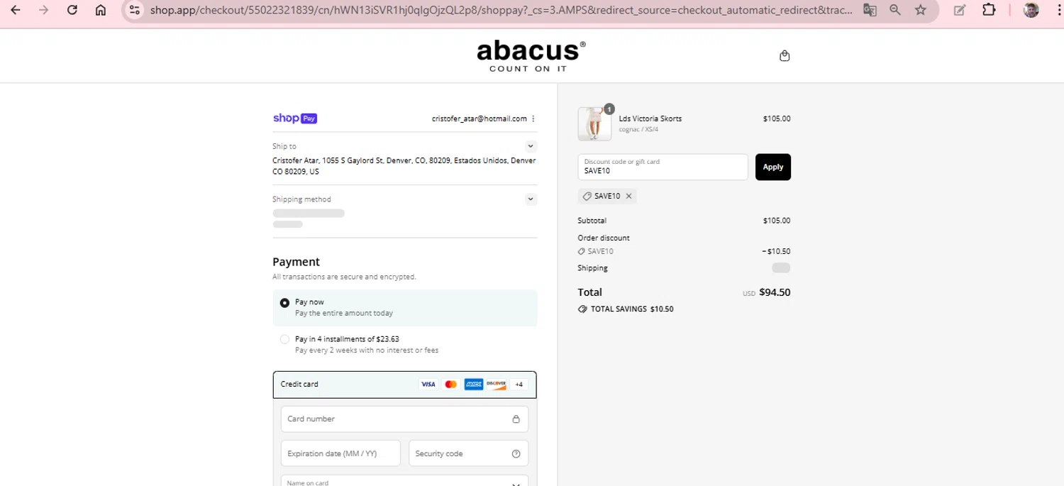 Abacus Sportswear US promo code screenshot showing code SAVE10 applied at Abacus Sportswear US checkout page. Uploaded by SimplyCodes community member DavGutFig on Jul 26, 2025