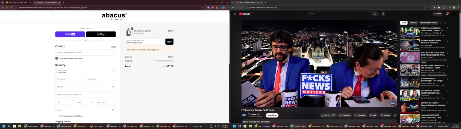 Abacus Sportswear US promo code screenshot showing code BIRTHDAYJPZG6ZS7 applied at Abacus Sportswear US checkout page. Uploaded by SimplyCodes community member BargainGuardian280 on Aug 15, 2025