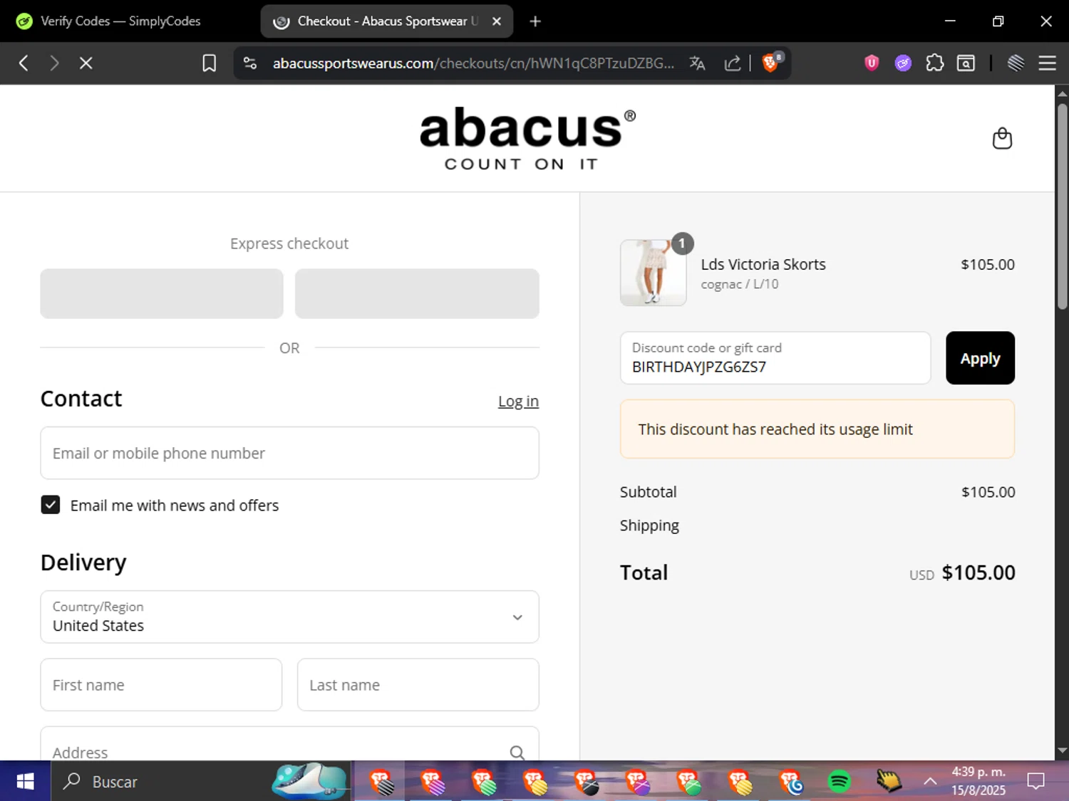 Abacus Sportswear US promo code screenshot showing code BIRTHDAYJPZG6ZS7 applied at Abacus Sportswear US checkout page. Uploaded by SimplyCodes community member Cuponzinho on Aug 15, 2025