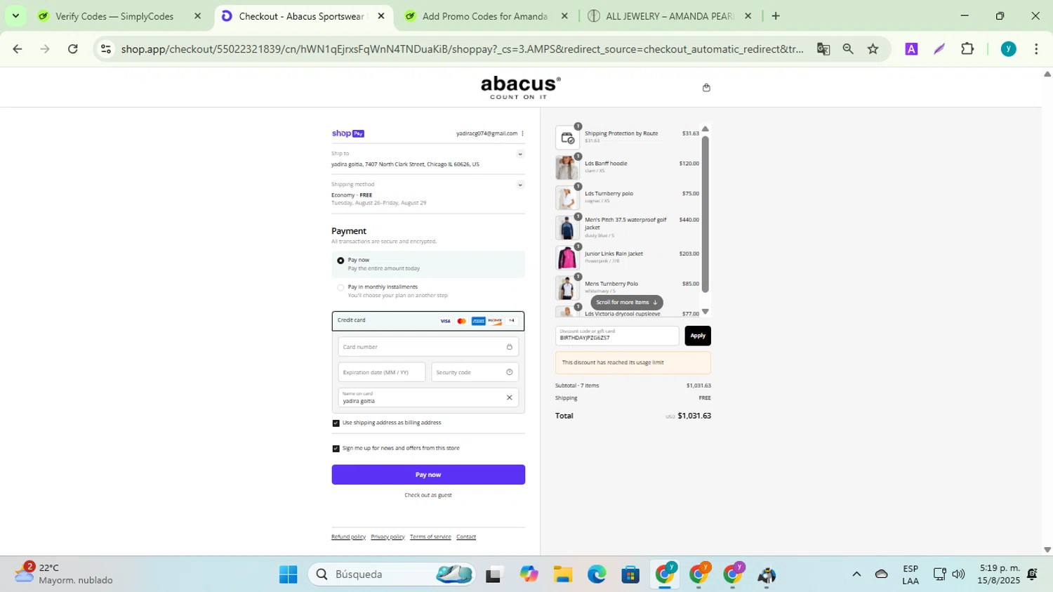 Abacus Sportswear US promo code screenshot showing code BIRTHDAYJPZG6ZS7 applied at Abacus Sportswear US checkout page. Uploaded by SimplyCodes community member yadiracg074 on Aug 15, 2025