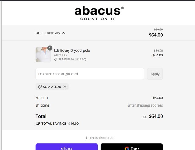Abacus Sportswear US checkout page showing Abacus Sportswear US promo code box | Screenshot taken by SimplyCodes community member on Aug 29, 2025