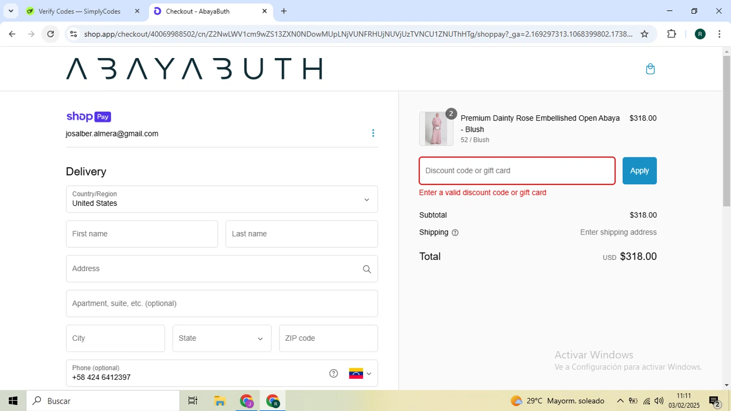 AbayaButh Online promo code screenshot showing code SIGNUP5 applied at AbayaButh Online checkout page. Uploaded by SimplyCodes community member MrShelbby on Feb 3, 2025