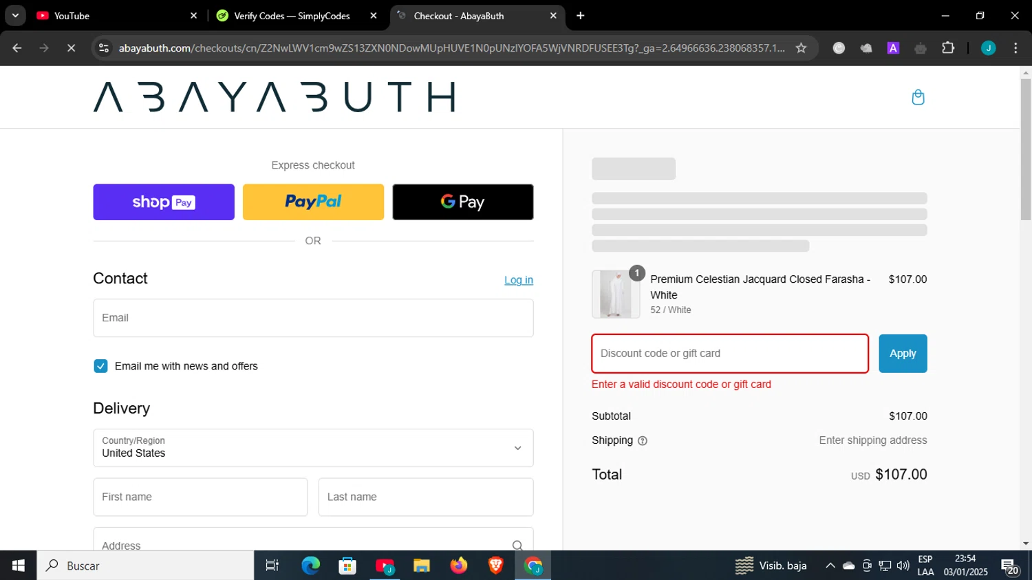AbayaButh Online promo code screenshot showing code SIGNUP5 applied at AbayaButh Online checkout page. Uploaded by SimplyCodes community member WonderCaptain6926 on Jan 4, 2025