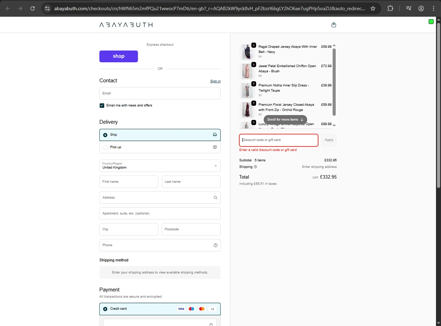 AbayaButh Online promo code screenshot showing code BF15 applied at AbayaButh Online checkout page. Uploaded by SimplyCodes community member Jeremi on Dec 5, 2025