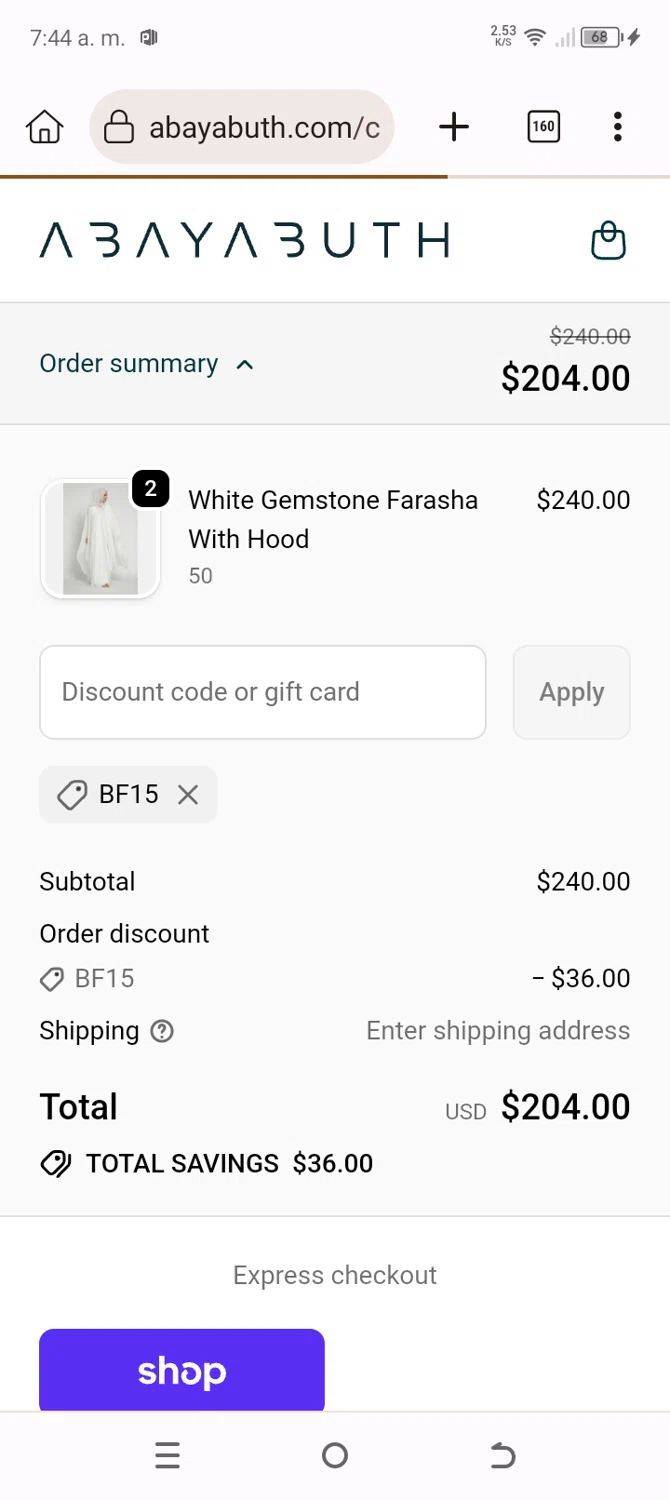 AbayaButh Online checkout page showing AbayaButh Online promo code box | Screenshot taken by SimplyCodes community member on Nov 30, 2025