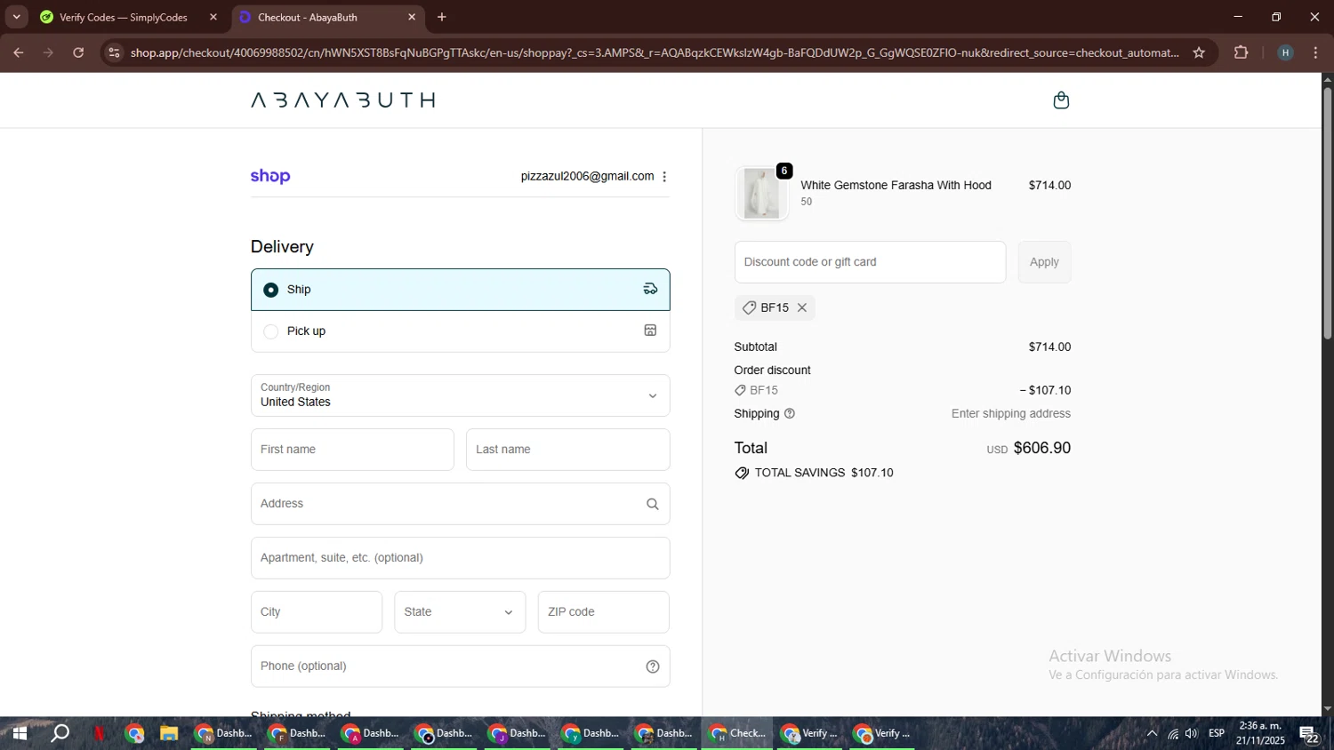AbayaButh Online checkout page showing AbayaButh Online promo code box | Screenshot taken by SimplyCodes community member on Nov 21, 2025
