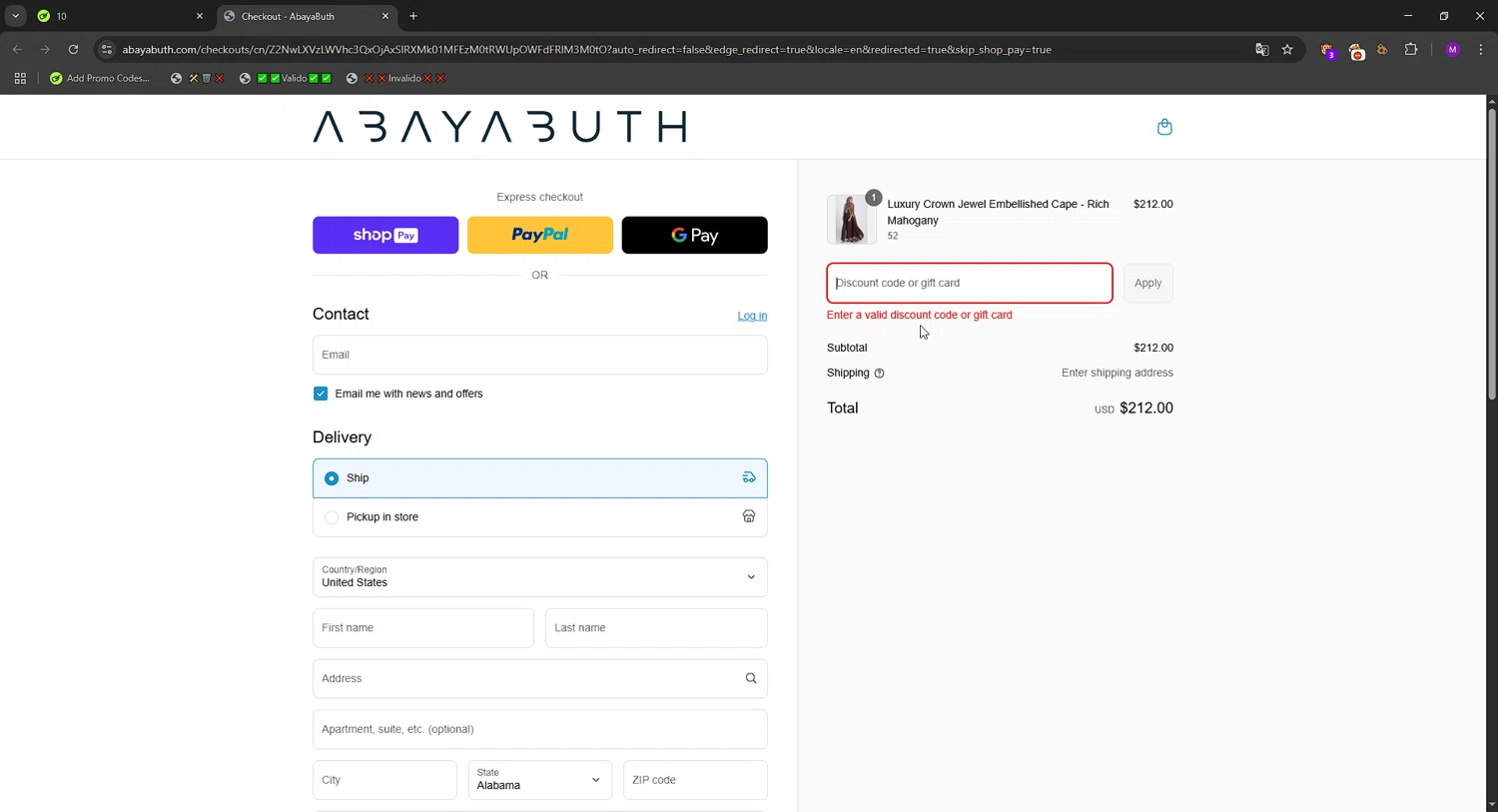 AbayaButh Online promo code screenshot showing code 10 applied at AbayaButh Online checkout page. Uploaded by SimplyCodes community member MACKter54644 on May 10, 2025