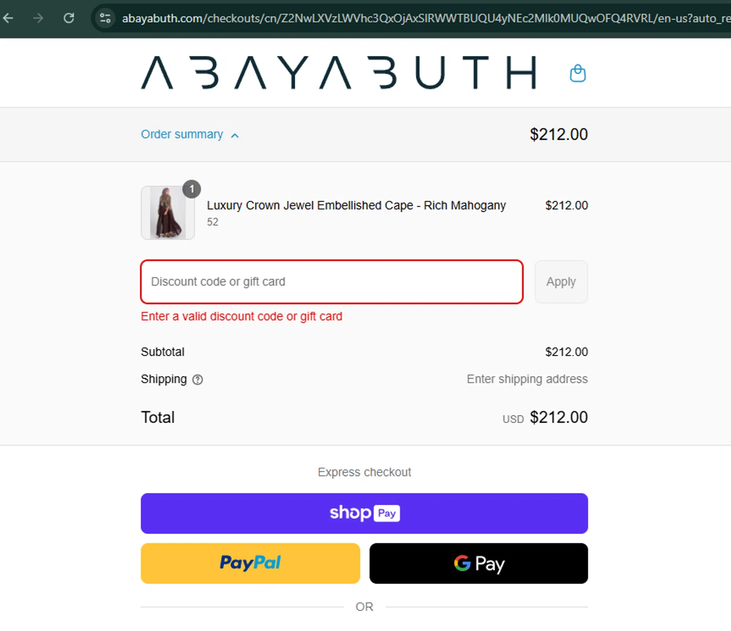 AbayaButh Online promo code screenshot showing code 10 applied at AbayaButh Online checkout page. Uploaded by SimplyCodes community member michigan on May 10, 2025