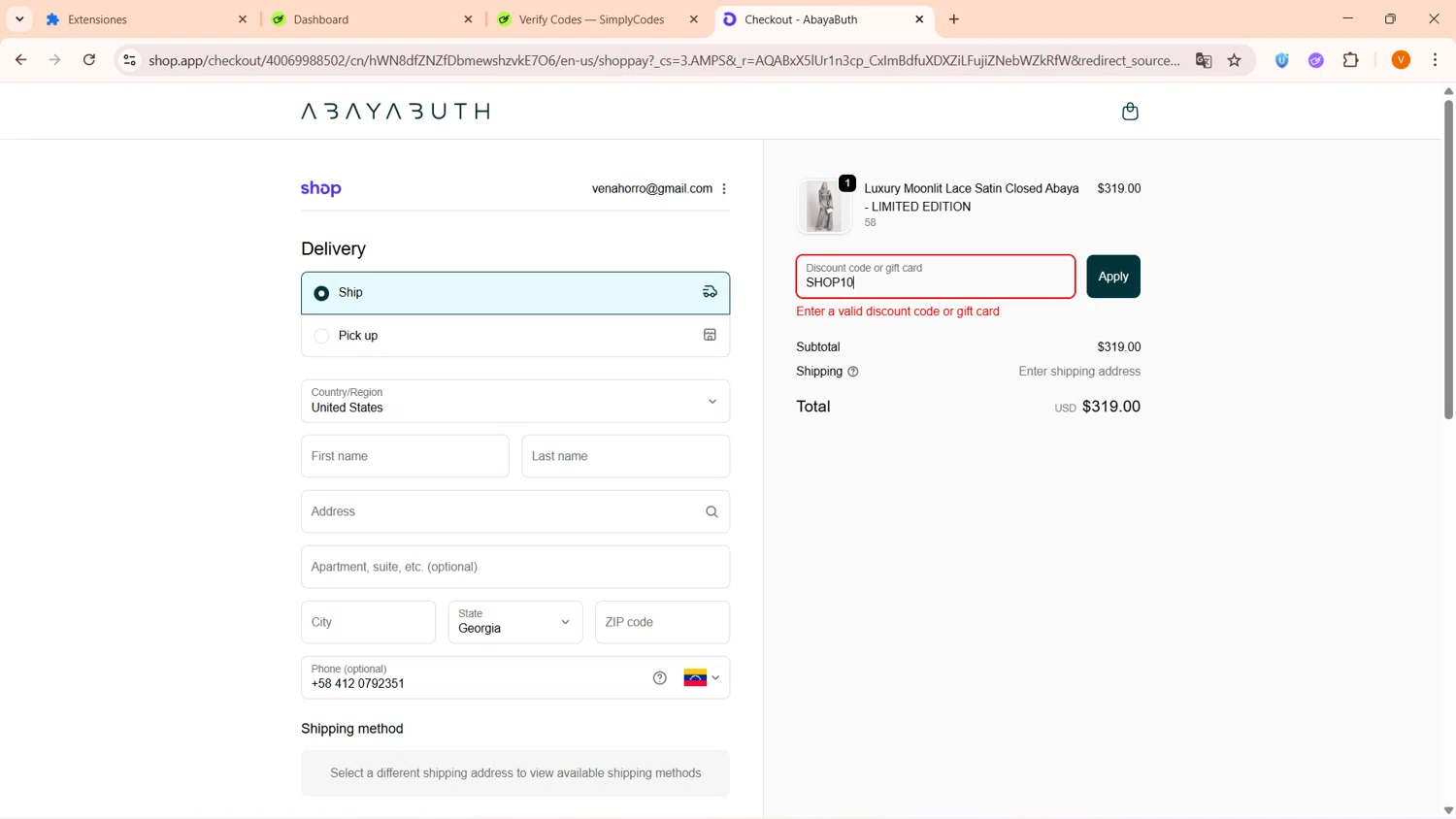 AbayaButh Online promo code screenshot showing code SHOP10 applied at AbayaButh Online checkout page. Uploaded by SimplyCodes community member FortunateFinder9465 on Feb 10, 2026