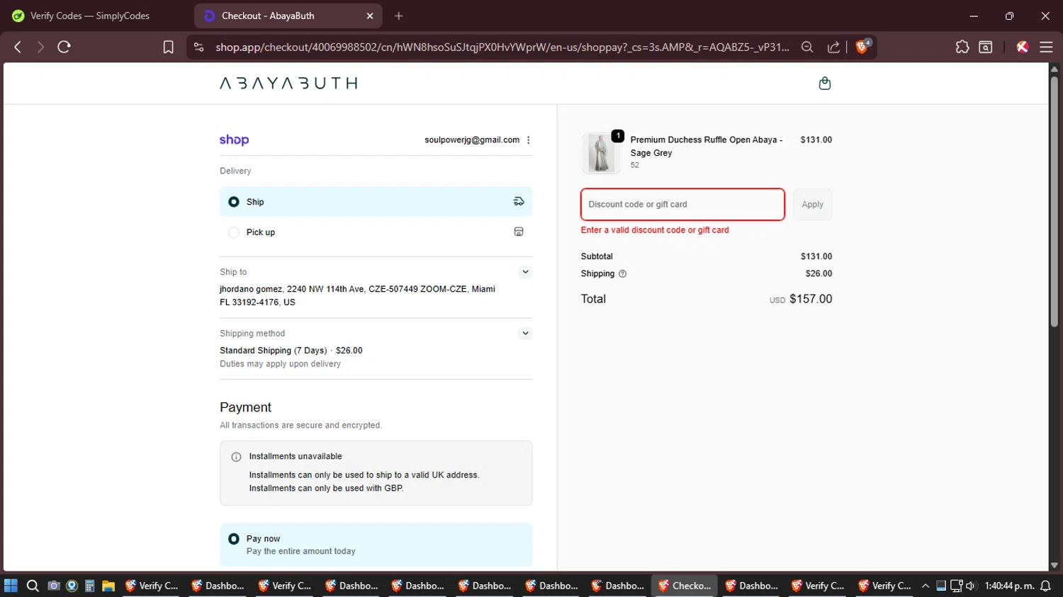 AbayaButh Online promo code screenshot showing code SHOP10 applied at AbayaButh Online checkout page. Uploaded by SimplyCodes community member Shizuku on Feb 12, 2026