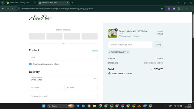 Abba Patio checkout page showing Abba Patio discount code box | Screenshot taken by SimplyCodes community member on Aug 31, 2025