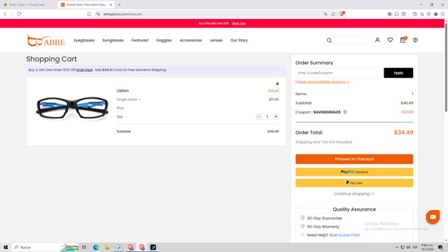 ABBE Glasses checkout page showing ABBE Glasses coupon code box | Screenshot taken by SimplyCodes community member on Jul 10, 2025