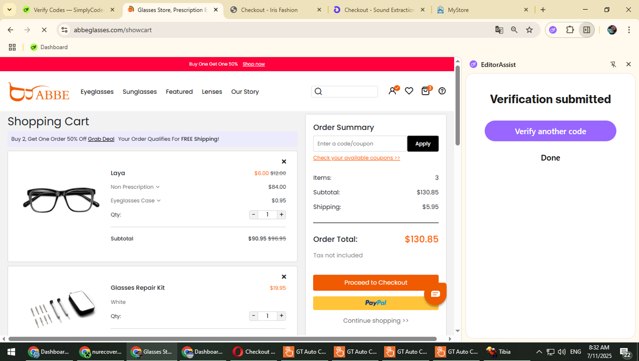 ABBE Glasses checkout page showing ABBE Glasses coupon code box | Screenshot taken by SimplyCodes community member on Jul 11, 2025