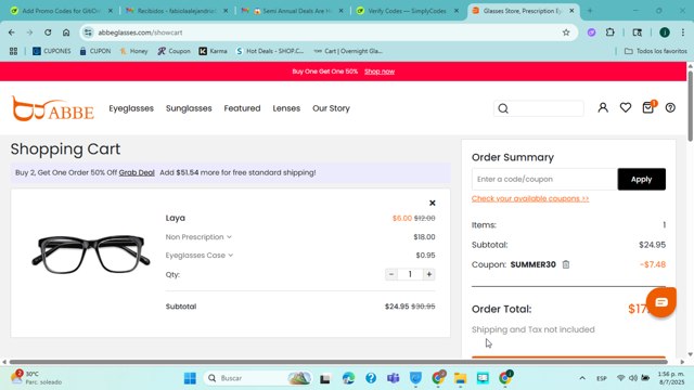 ABBE Glasses checkout page showing ABBE Glasses coupon code box | Screenshot taken by SimplyCodes community member on Jul 8, 2025