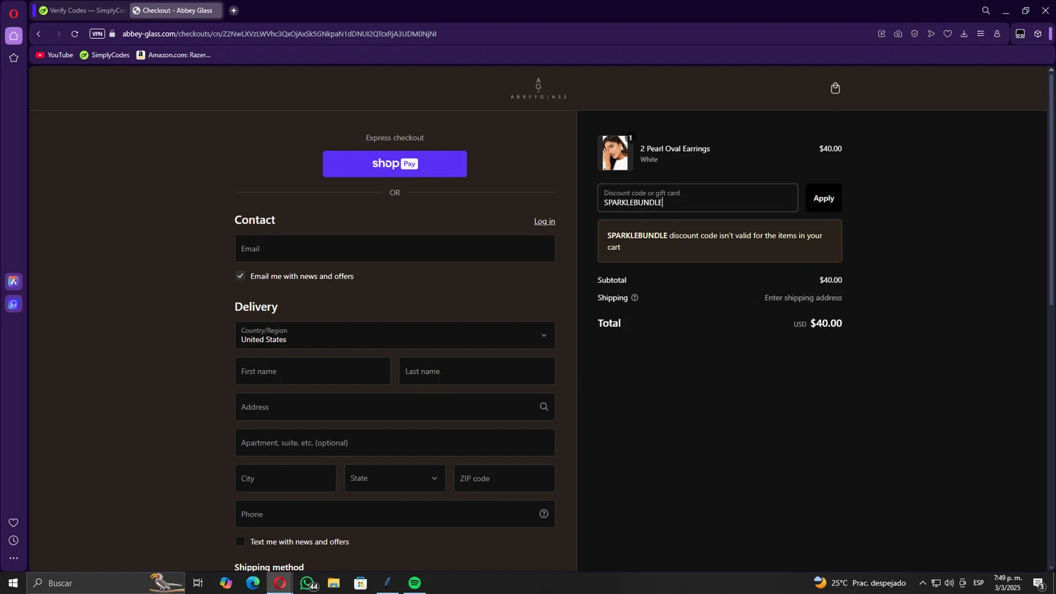 Abbey Glass discount code screenshot showing code SPARKLEBUNDLE applied at Abbey Glass checkout page. Uploaded by SimplyCodes community member Gojira on Mar 3, 2025