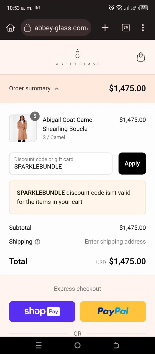 Abbey Glass discount code screenshot showing code SPARKLEBUNDLE applied at Abbey Glass checkout page. Uploaded by SimplyCodes community member SaleScholar2537 on May 12, 2025