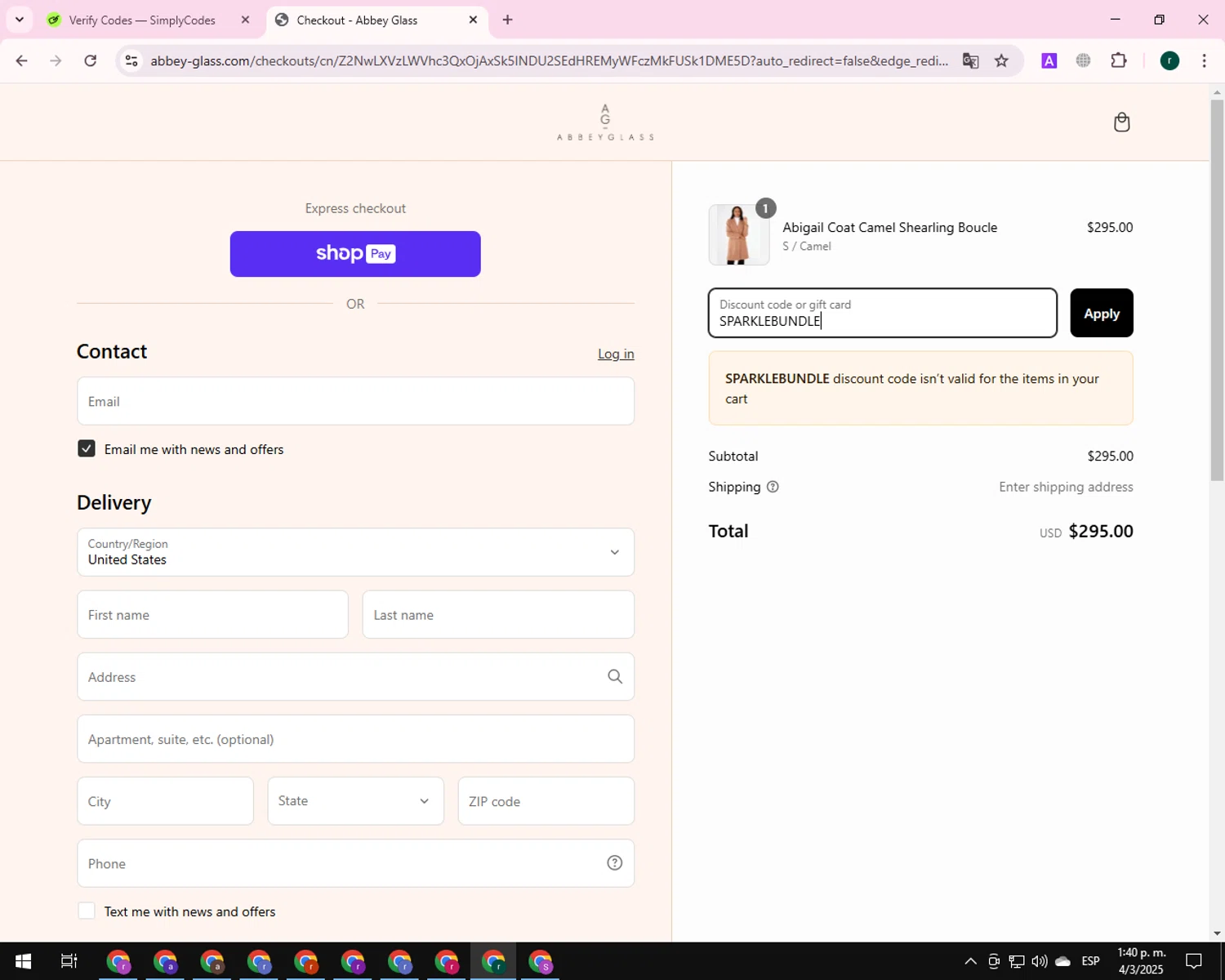 Abbey Glass discount code screenshot showing code SPARKLEBUNDLE applied at Abbey Glass checkout page. Uploaded by SimplyCodes community member BrilliantSleuth9299 on Mar 4, 2025