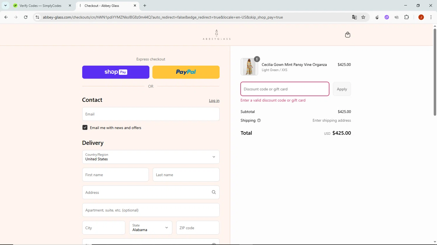 Abbey Glass discount code screenshot showing code THANKYOU15 applied at Abbey Glass checkout page. Uploaded by SimplyCodes community member NobleMaven802 on Aug 15, 2025