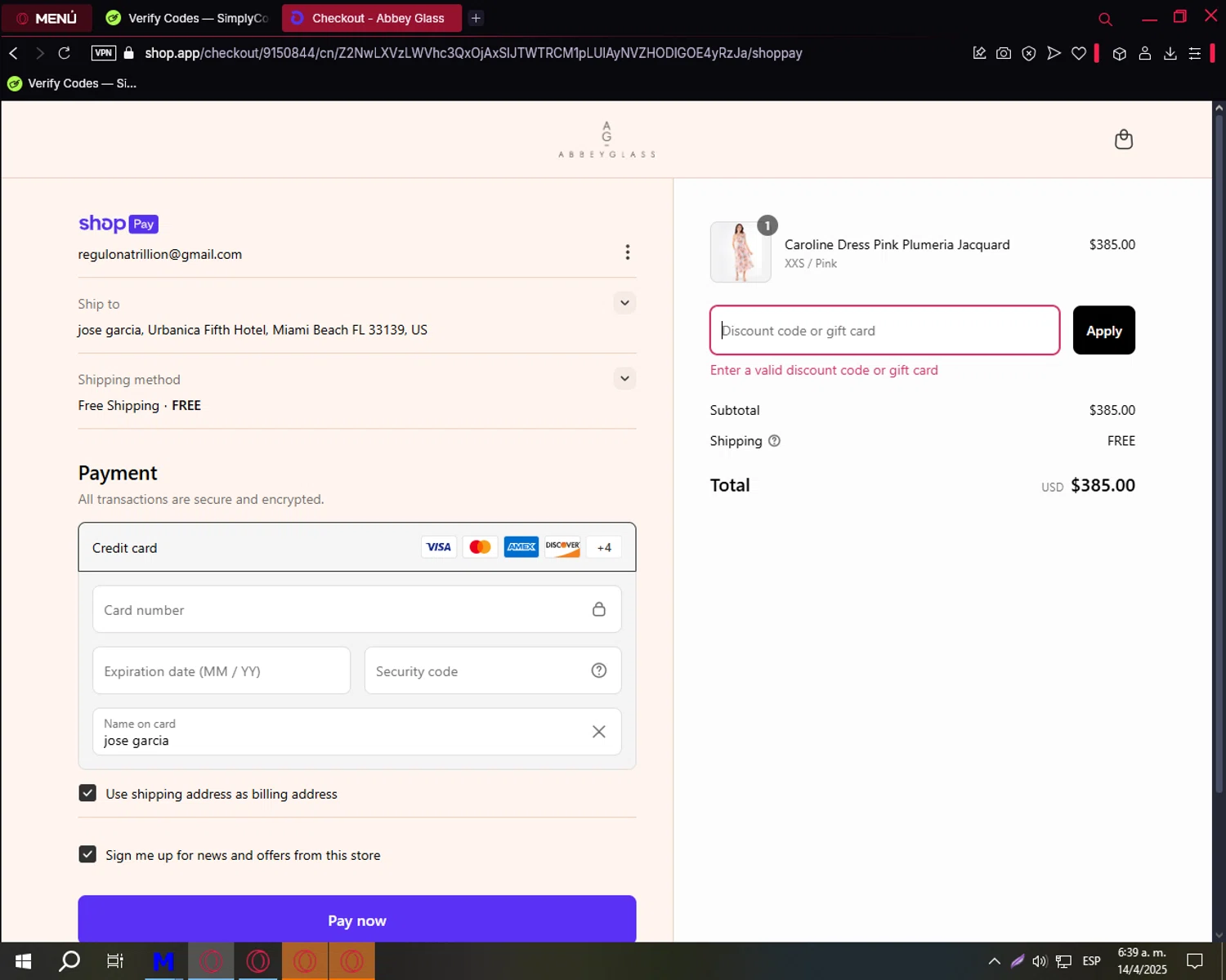 Abbey Glass discount code screenshot showing code SIS15 applied at Abbey Glass checkout page. Uploaded by SimplyCodes community member TreasureCaptain9598 on Apr 14, 2025