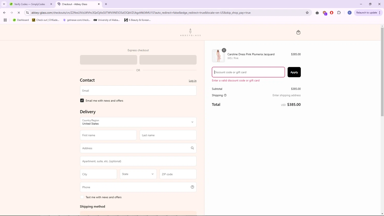 Abbey Glass discount code screenshot showing code SIS15 applied at Abbey Glass checkout page. Uploaded by SimplyCodes community member CleverFalcon7771 on Apr 14, 2025