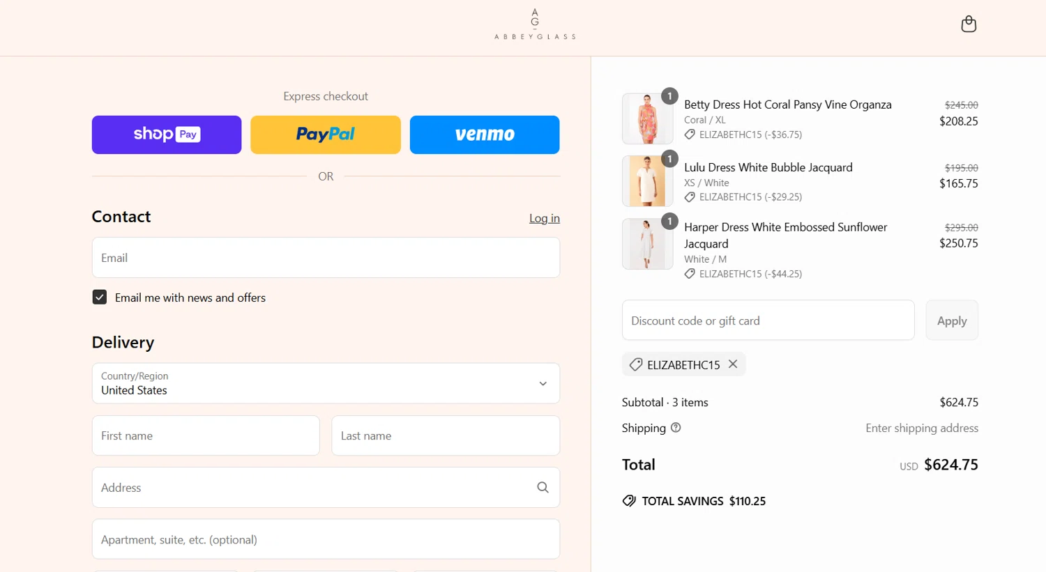 Abbey Glass discount code screenshot showing code ELIZABETHC15 applied at Abbey Glass checkout page. Uploaded by SimplyCodes community member jade5416625024720 on Jun 13, 2025