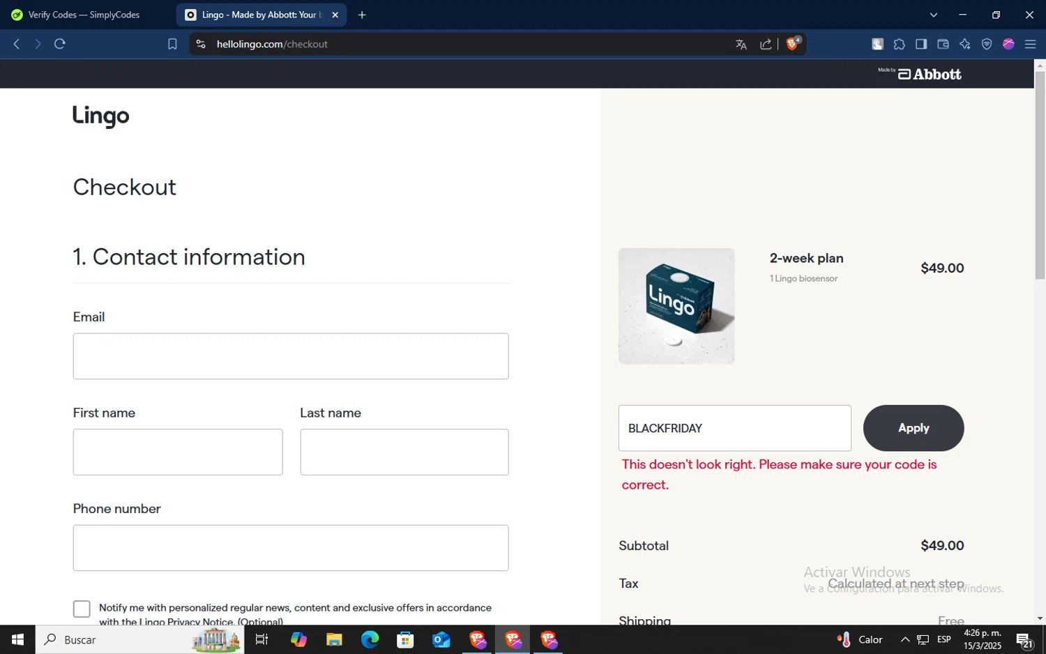 Abbott Lingo discount code screenshot showing code BLACKFRIDAY applied at Abbott Lingo checkout page. Uploaded by SimplyCodes community member TokenSaver1205 on Mar 15, 2025