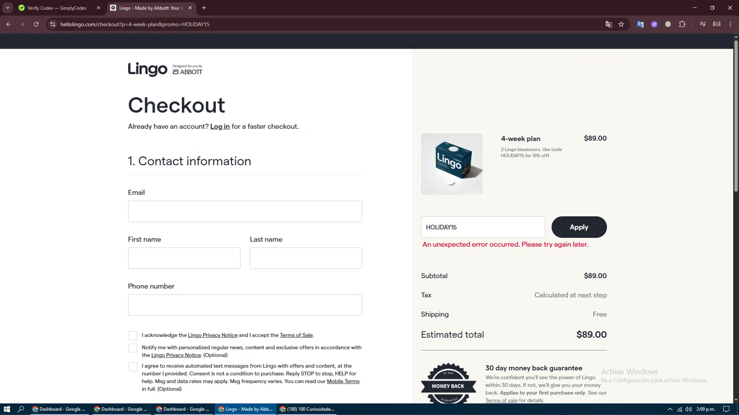 Abbott Lingo discount code screenshot showing code HOLIDAY15 applied at Abbott Lingo checkout page. Uploaded by SimplyCodes community member CraazyTroll123 on Dec 2, 2025