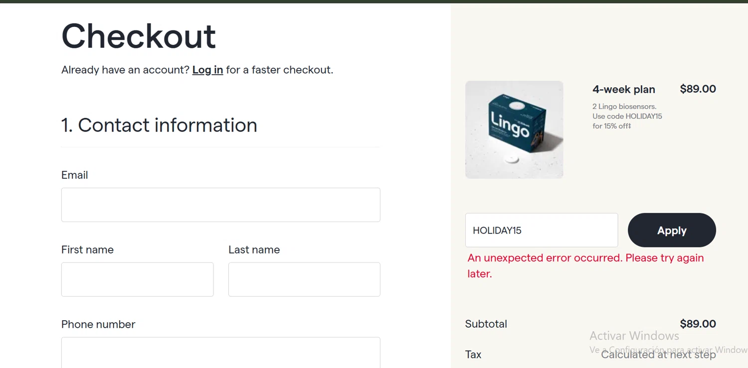 Abbott Lingo discount code screenshot showing code HOLIDAY15 applied at Abbott Lingo checkout page. Uploaded by SimplyCodes community member SwiftLynx6587 on Dec 2, 2025