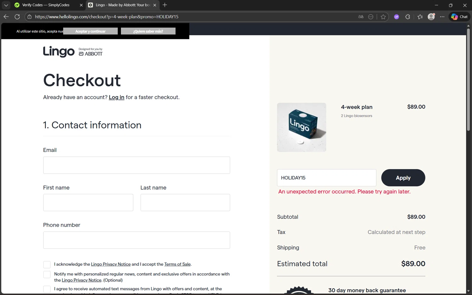 Abbott Lingo discount code screenshot showing code HOLIDAY15 applied at Abbott Lingo checkout page. Uploaded by SimplyCodes community member Yuyu12 on Dec 2, 2025