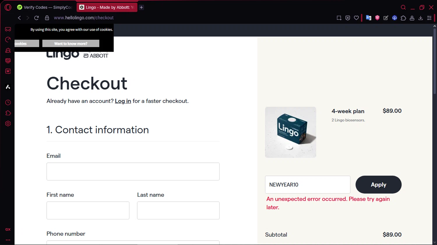 Abbott Lingo discount code screenshot showing code NEWYEAR10 applied at Abbott Lingo checkout page. Uploaded by SimplyCodes community member TOLUENO on Jan 19, 2026