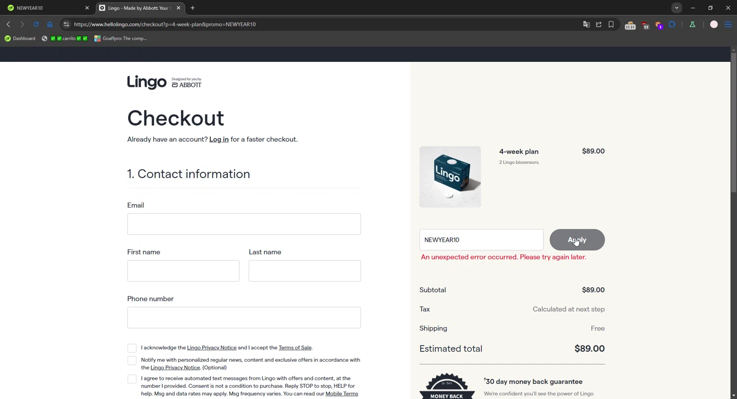 Abbott Lingo discount code screenshot showing code NEWYEAR10 applied at Abbott Lingo checkout page. Uploaded by SimplyCodes community member connyshan2154 on Jan 19, 2026