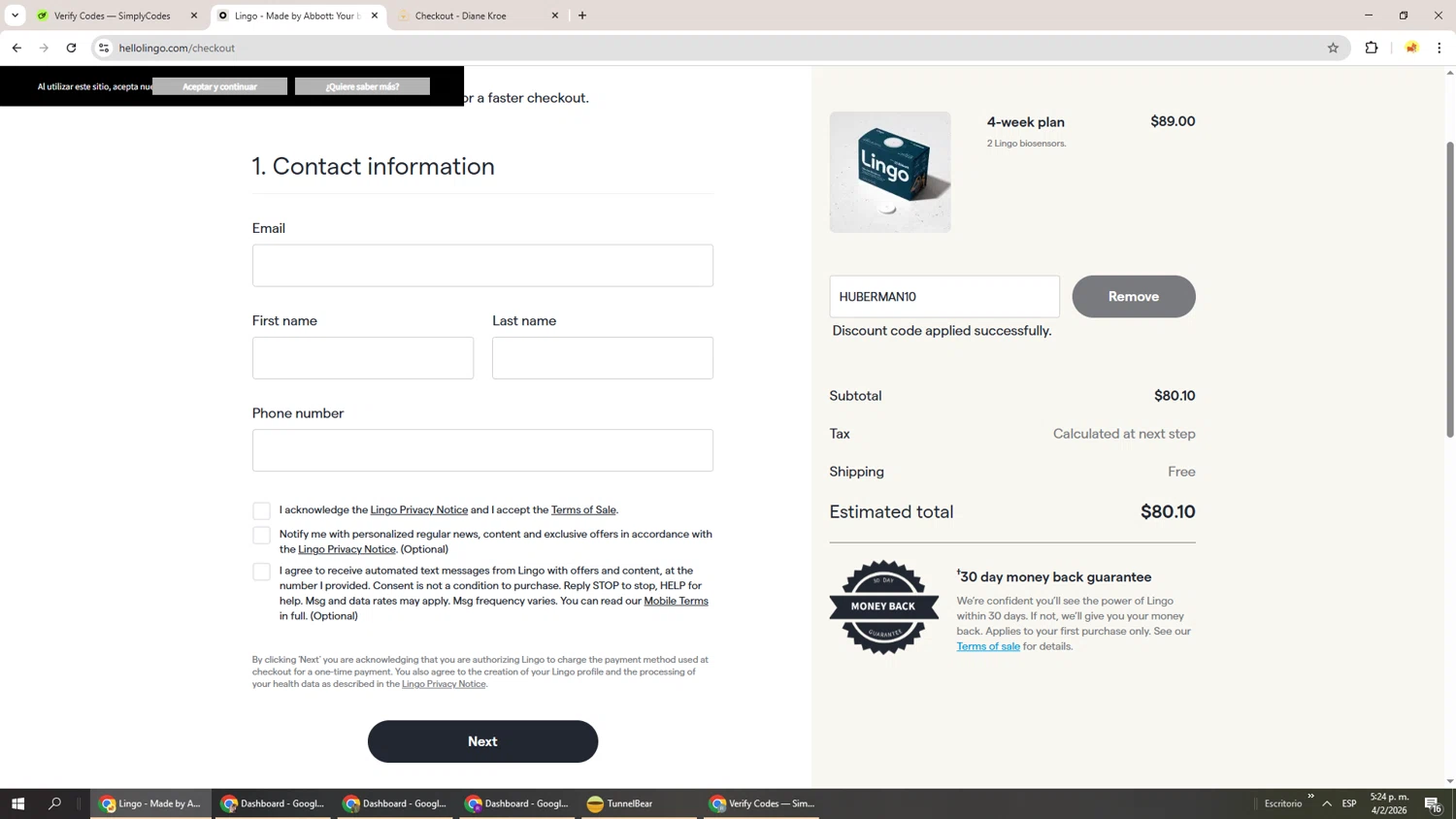 Abbott Lingo checkout page showing Abbott Lingo discount code box | Screenshot taken by SimplyCodes community member on Feb 4, 2026