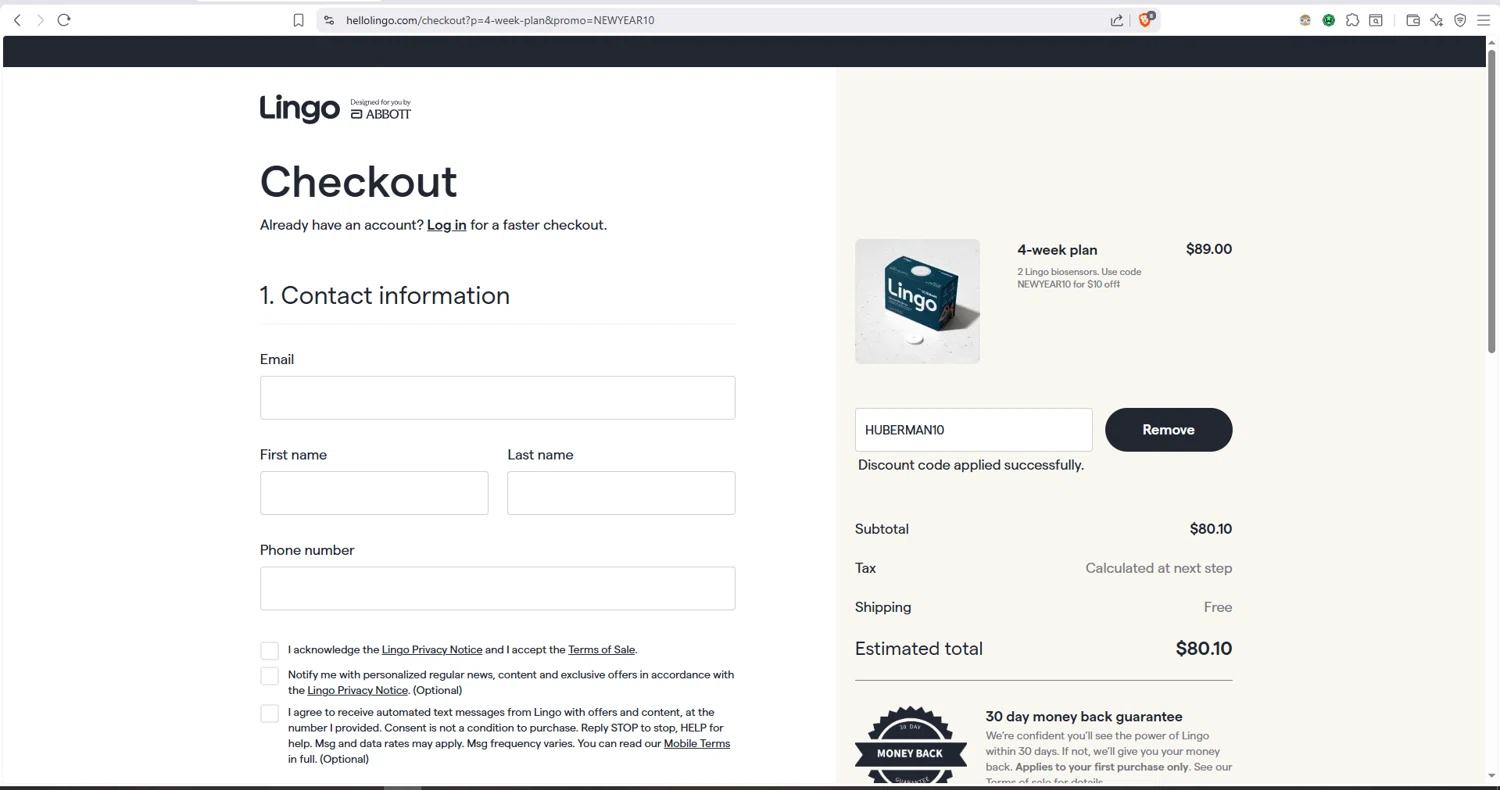 Abbott Lingo checkout page showing Abbott Lingo discount code box | Screenshot taken by SimplyCodes community member on Jan 3, 2026