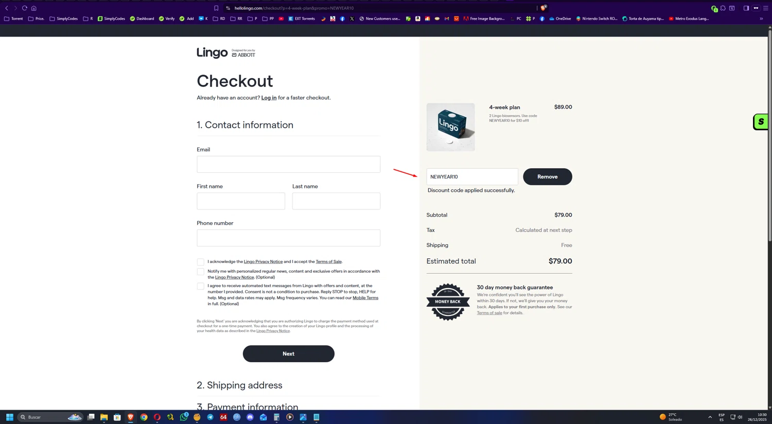 Abbott Lingo discount code screenshot showing code NEWYEAR10 applied at Abbott Lingo checkout page. Uploaded by SimplyCodes community member UnkNownVnzla on Dec 26, 2025