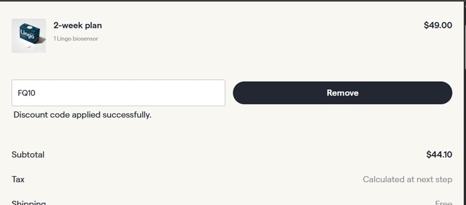 Abbott Lingo discount code screenshot showing code FQ10 applied at Abbott Lingo checkout page. Uploaded by SimplyCodes community member ashe1986 on Oct 25, 2025