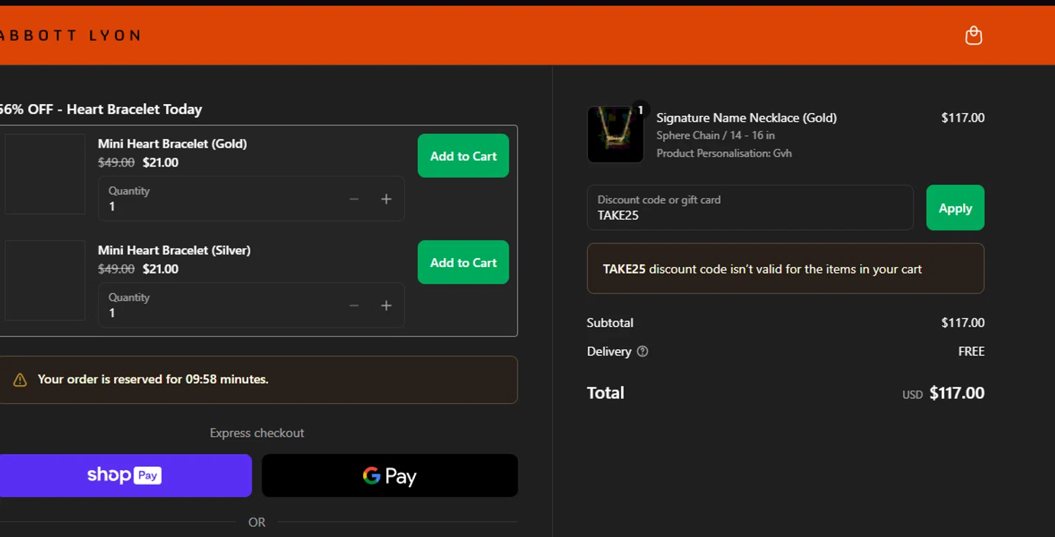 Abbott Lyon discount code screenshot showing code TAKE25 applied at Abbott Lyon checkout page. Uploaded by SimplyCodes community member chepipi on Jun 21, 2025