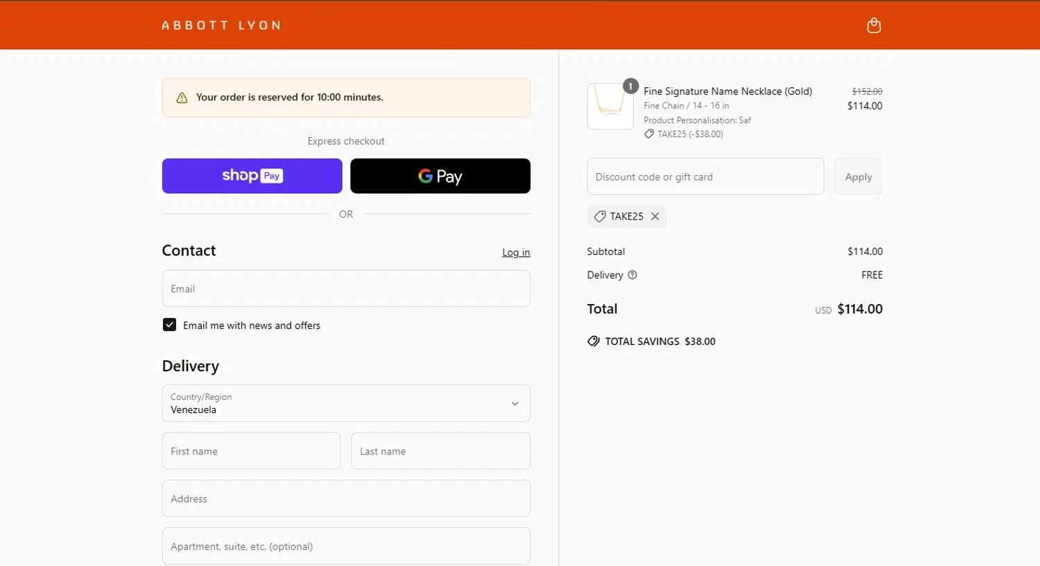 Abbott Lyon discount code screenshot showing code TAKE25 applied at Abbott Lyon checkout page. Uploaded by SimplyCodes community member mikhaildelmoral on Jun 25, 2025